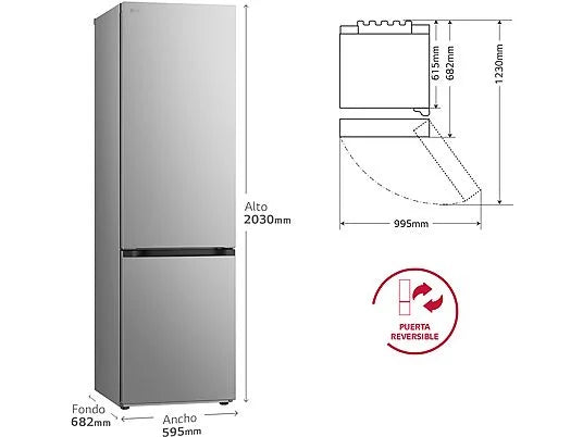 Frigorífico combi - LG GBV3200DPY, Total no Frost, 203 cm, 387 L, DoorCooling+™, FRESHConverter™, Inox antihuellas