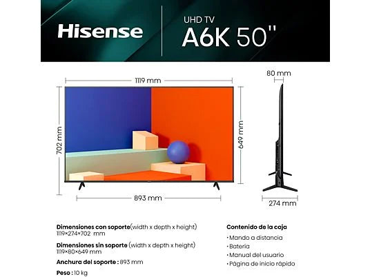 Hisense 50A6K - Televisor LED Smart TV 50 4K