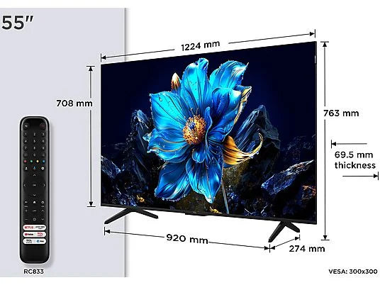 TV QLED 55" - TCL 55P7K, UHD 4K, AiPQ Processor, Smart TV, DVB-T2, 60 Hz, Pantalla HVA, Dolby Atmos, Negro