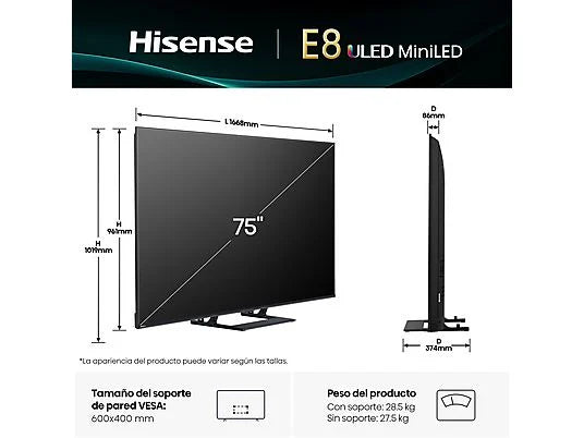 TV Mini LED 75 - Hisense 75E8Q, UHD 4K, 144 Hz, Hi-View Engine, Escalador HDR IA, Subwoofer integrado, Negro