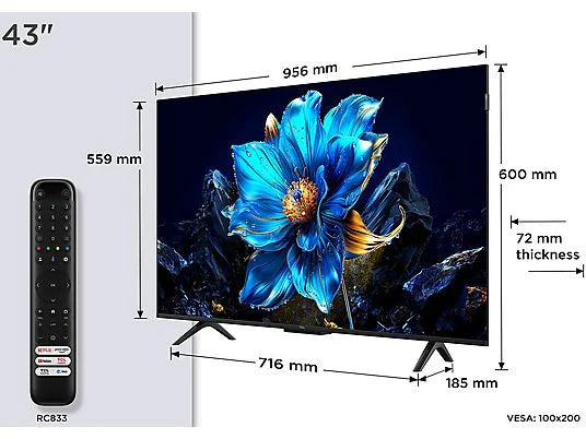 TV QLED 43" - TCL 43P7K, UHD 4K, AiPQ Processor, Smart TV, DVB-T2, 60 Hz, Pantalla HVA, Dolby Atmos, Negro