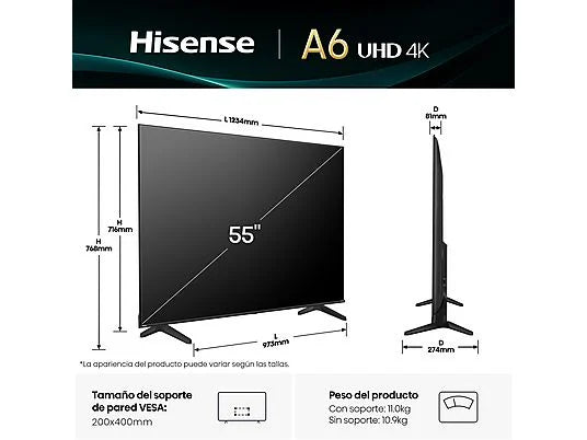 TV LED 55 - Hisense 55A6Q, UHD 4K, Quad CoreMT9603, IA 4K Upscaler, Modo Juego Plus, Control por voz, Negro