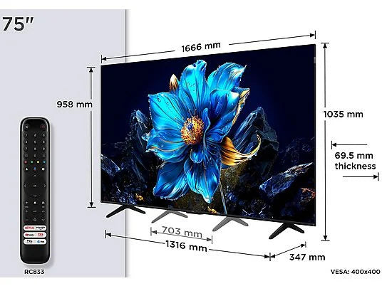 TV QLED 75 - TCL 75P7K, UHD 4K, AiPQ Processor, Smart TV, DVB-T2, 60 Hz, Pantalla HVA, Dolby Atmos, Negro