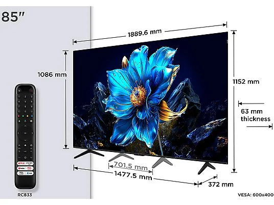 TV QLED 85" - TCL 85P7K, UHD 4K, AiPQ Processor, Smart TV, DVB-T2 (H.265), Negro